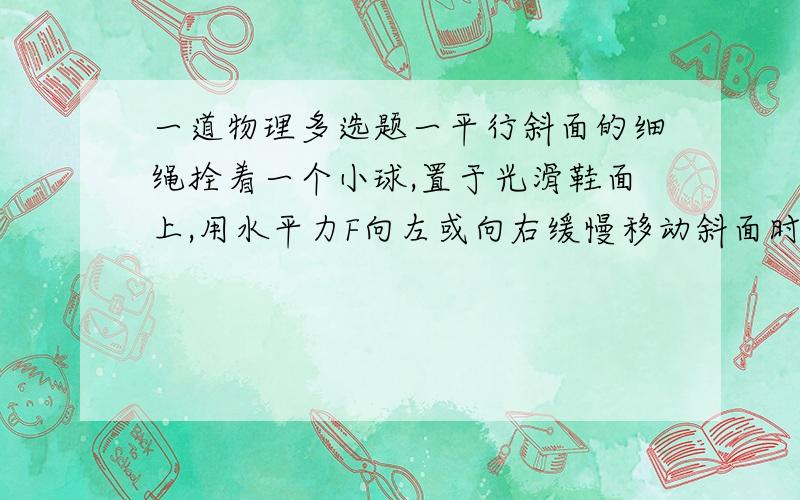 一道物理多选题一平行斜面的细绳拴着一个小球,置于光滑鞋面上,用水平力F向左或向右缓慢移动斜面时,绳子上的拉力大小与斜面受到的压力大小如何变化?A,绳上拉力先变大后变小B绳上拉力