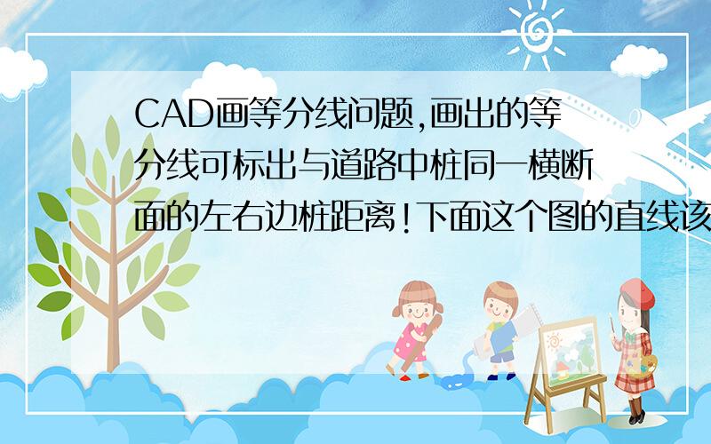 CAD画等分线问题,画出的等分线可标出与道路中桩同一横断面的左右边桩距离!下面这个图的直线该怎么画,这是个公路设计图,中桩（中线）桩号每10米一个,直线部分可直接复制前面的垂直直线