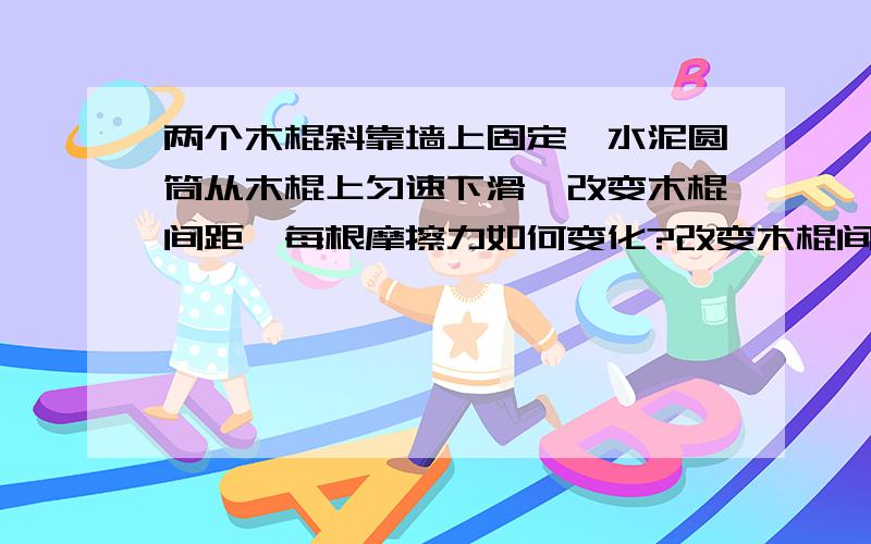 两个木棍斜靠墙上固定,水泥圆筒从木棍上匀速下滑,改变木棍间距,每根摩擦力如何变化?改变木棍间距,每根木棍摩擦力是否变化?两根木棍总的摩擦力改变吗?