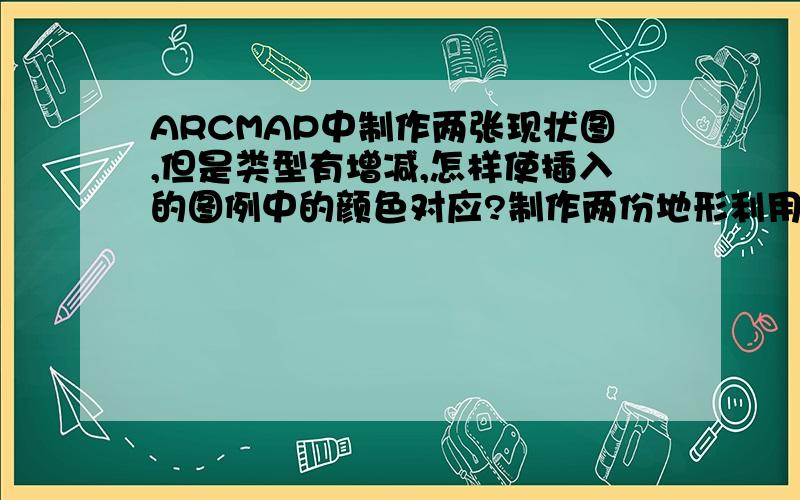 ARCMAP中制作两张现状图,但是类型有增减,怎样使插入的图例中的颜色对应?制作两份地形利用现状图,由于土地使用类型有增减,总动生成的图例两附图的同一类型的颜色不一样,怎样使两附图的