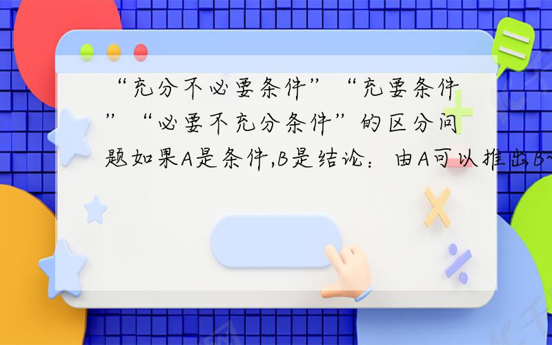 “充分不必要条件”“充要条件”“必要不充分条件”的区分问题如果A是条件,B是结论：由A可以推出B~由B不可以推出A~则A是B的充分不必要条件 那么B是A的什么条件?由A不可以推出B~由B可以推