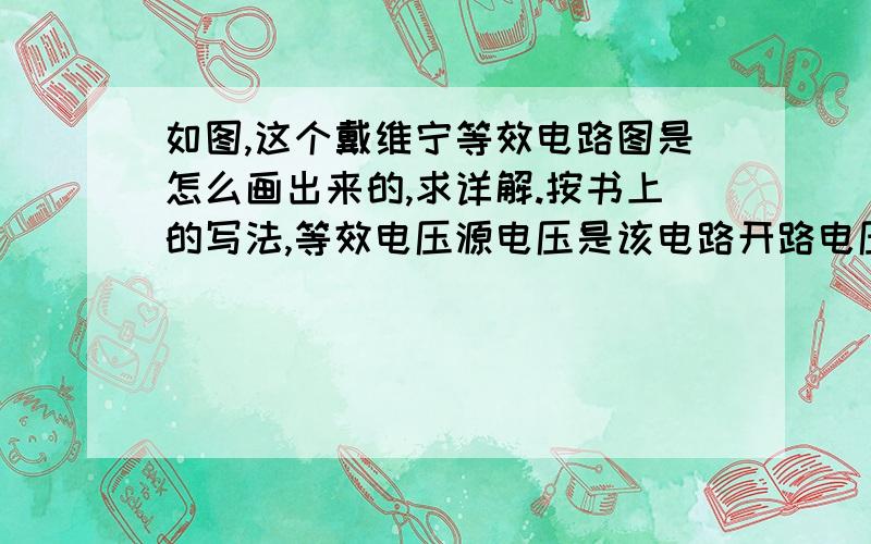 如图,这个戴维宁等效电路图是怎么画出来的,求详解.按书上的写法,等效电压源电压是该电路开路电压,等效电阻是独立源置零后的输入电阻,但是按这么看,怎么也凑不出那个数