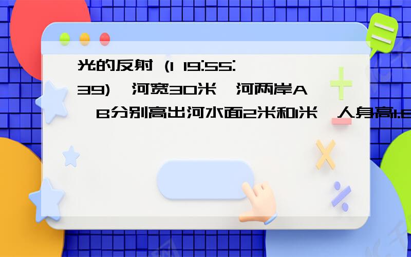 光的反射 (1 19:55:39)一河宽30米,河两岸A、B分别高出河水面2米和1米一人身高1.8米,他在B岸一侧可以看到A岸边一株大树的倒影,但他离岸的距离超过5.4米时,就看不到树梢的倒影了,则这株树高约