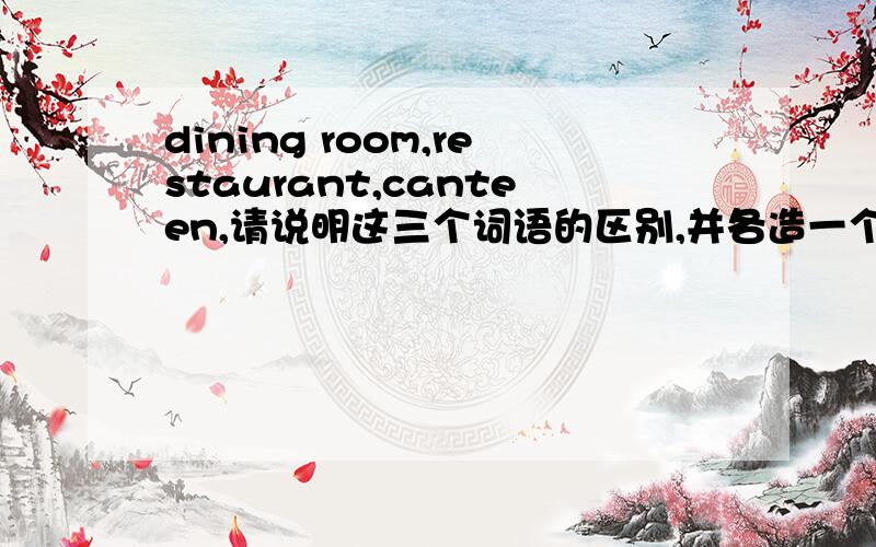 dining room,restaurant,canteen,请说明这三个词语的区别,并各造一个句子