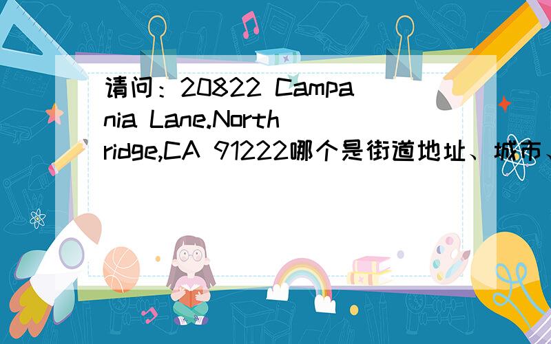 请问：20822 Campania Lane.Northridge,CA 91222哪个是街道地址、城市、省、邮编呢?请问：20822 Campania Lane.Northridge,CA 91222 哪个是街道地址、城市、省、邮编呢?我看不懂~,请高手回答,