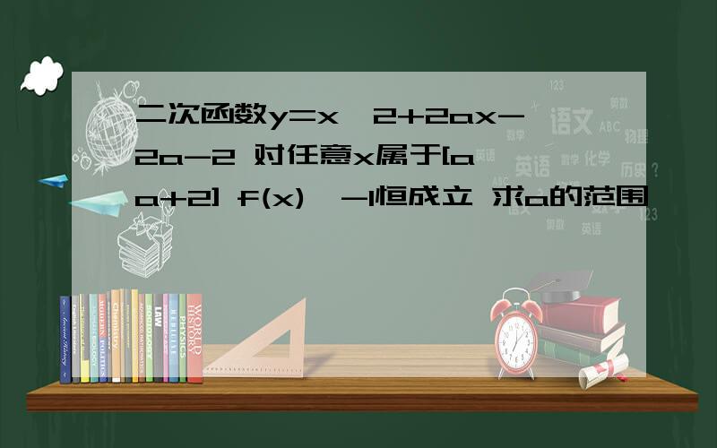 二次函数y=x^2+2ax-2a-2 对任意x属于[a,a+2] f(x)>-1恒成立 求a的范围