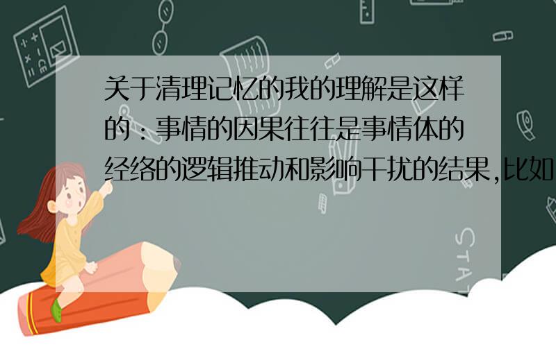 关于清理记忆的我的理解是这样的：事情的因果往往是事情体的经络的逻辑推动和影响干扰的结果,比如,当你接近电磁炉做饭的时候感觉肚子不大舒服,往往是你认为电磁炉的磁场影响了你的