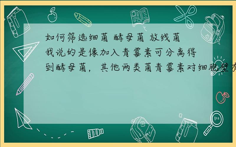 如何筛选细菌 酵母菌 放线菌我说的是像加入青霉素可分离得到酵母菌，其他两类菌青霉素对细胞壁有影响故可分离！求其他两种菌的分离方法！