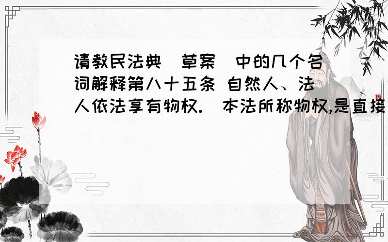 请教民法典（草案）中的几个名词解释第八十五条 自然人、法人依法享有物权.  本法所称物权,是直接支配动产或不动产的权利,包括所有权、用益物权、担保物权.  第八十六条 自然人、法人