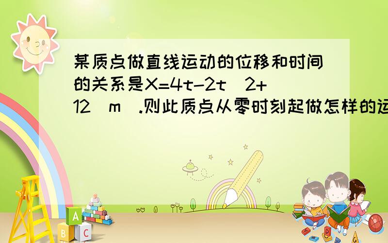 某质点做直线运动的位移和时间的关系是X=4t-2t^2+12（m）.则此质点从零时刻起做怎样的运动?某质点做直线运动的位移和时间的关系是X=4t-2t^2+12（m）.则此质点从零时刻起做怎样的运动?试在下