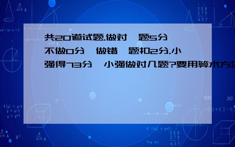 共20道试题.做对一题5分,不做0分,做错一题扣2分.小强得73分,小强做对几题?要用算术方法,没有告诉做错的和没做的题数相等.