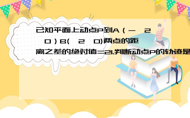 已知平面上动点P到A（-√2,0）B(√2,0)两点的距离之差的绝对值=21.判断动点P的轨迹是何种圆锥曲线,并求出其轨迹方程