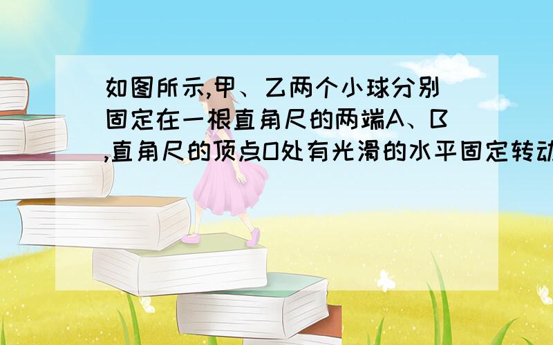 如图所示,甲、乙两个小球分别固定在一根直角尺的两端A、B,直角尺的顶点O处有光滑的水平固定转动轴,且AO=BO=L.系统平衡时,AO与竖直方向夹37°角.将直角尺顺时针缓慢转动到AO部分处于水平位