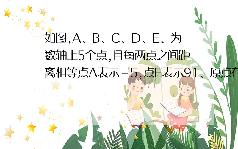 如图,A、B、C、D、E、为数轴上5个点,且每两点之间距离相等点A表示-5,点E表示91、原点在哪两个之间,靠近哪一点?2、若点P在C,D两点的正中间位置上,则点P表示的数是什么?