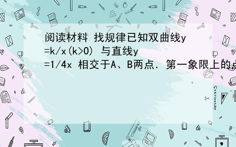 阅读材料 找规律已知双曲线y=k/x(k>0) 与直线y=1/4x 相交于A、B两点．第一象限上的点M（m,n）（在A点左侧）是双曲线y=k/x(k>0) 上的动点．过点B作BD‖y轴交x轴于点D．过N（0,－n）作NC‖x轴交双曲