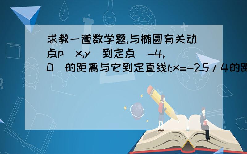 求教一道数学题,与椭圆有关动点p（x,y）到定点（-4,0）的距离与它到定直线l:x=-25/4的距离之比为常数4/5,求点p的轨迹方程并说明它是什么曲线.