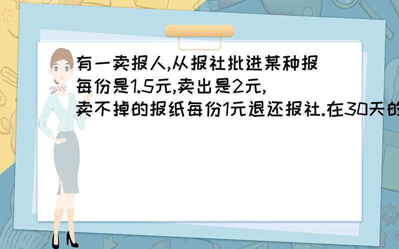 有一卖报人,从报社批进某种报每份是1.5元,卖出是2元,卖不掉的报纸每份1元退还报社.在30天的时间里有20天每天可卖150份,其余10天每天只能卖100份,但这30天每天从报社披进的份数必须相同.设