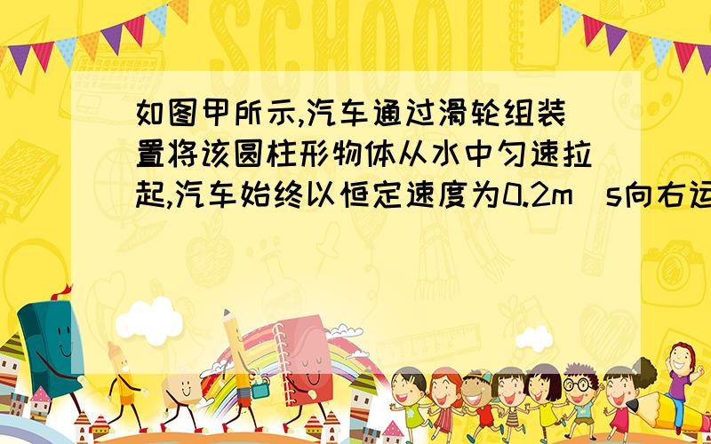 如图甲所示,汽车通过滑轮组装置将该圆柱形物体从水中匀速拉起,汽车始终以恒定速度为0.2m／s向右运动,图乙是此过程中汽车拉力的功率p随时间t的变化关系,设t＝0时汽车开始拉物体,若动滑