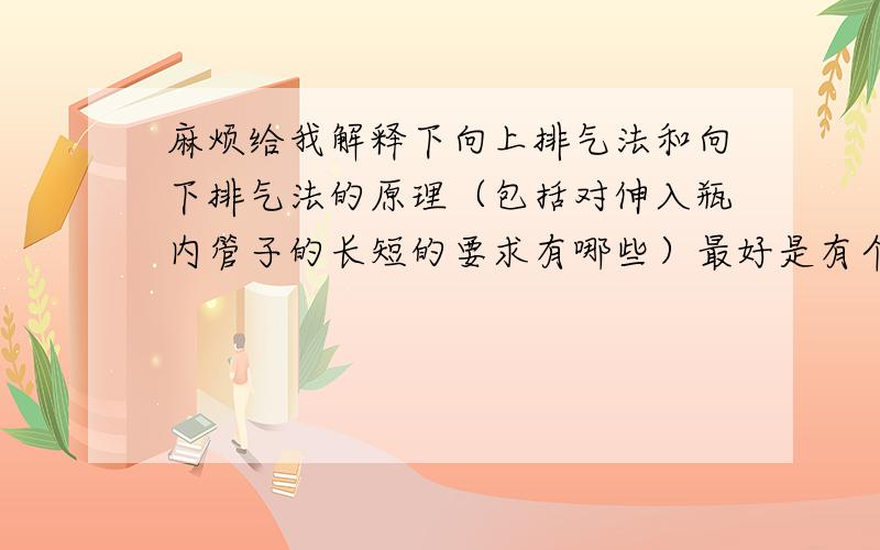 麻烦给我解释下向上排气法和向下排气法的原理（包括对伸入瓶内管子的长短的要求有哪些）最好是有个图哈~这个我一直听不太懂.