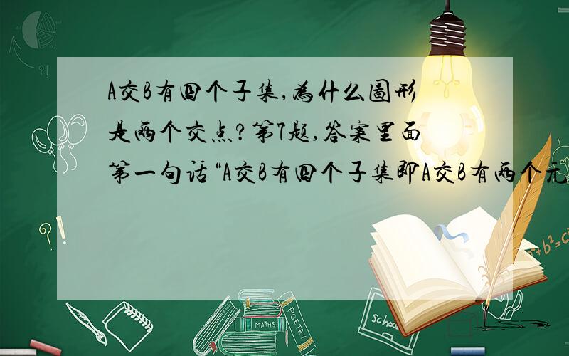 A交B有四个子集,为什么图形是两个交点?第7题,答案里面第一句话“A交B有四个子集即A交B有两个元素”看不懂,其他都懂