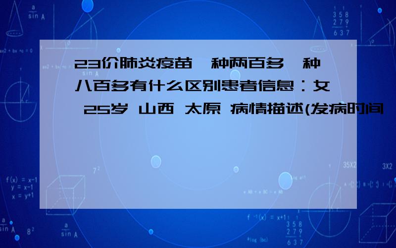 23价肺炎疫苗一种两百多一种八百多有什么区别患者信息：女 25岁 山西 太原 病情描述(发病时间、主要症状等)：我家宝宝过几天要打的疫苗是肺炎23+,但医生说有两种一种是280元,另一种是860