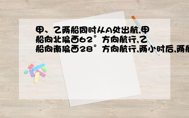 甲、乙两船同时从A处出航,甲船向北偏西62°方向航行,乙船向南偏西28°方向航行,两小时后,两船相距100海里,如果乙船每小时比甲船快10海里,求两船的速度各是多少?老师要批的!好人来啊= =