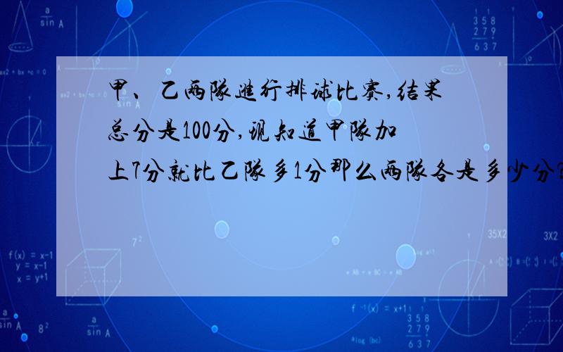 甲、乙两队进行排球比赛,结果总分是100分,现知道甲队加上7分就比乙队多1分那么两队各是多少分?（求列式计算）