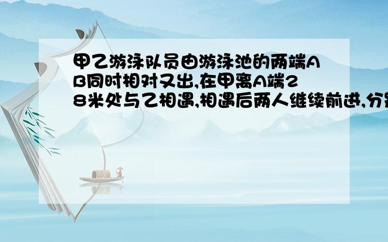 甲乙游泳队员由游泳池的两端AB同时相对又出,在甲离A端28米处与乙相遇,相遇后两人继续前进,分别到达两端后立即返回,在途中在离B端3米处两人再次相遇,求游泳池长.