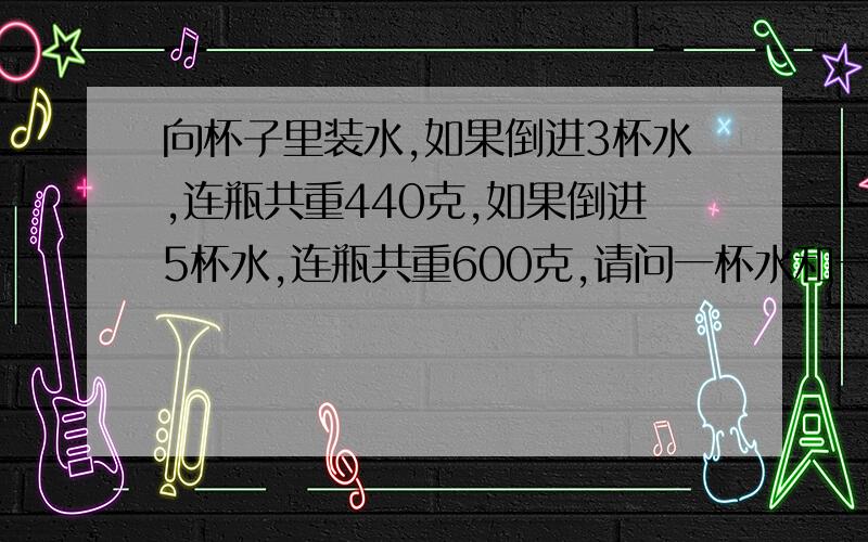 向杯子里装水,如果倒进3杯水,连瓶共重440克,如果倒进5杯水,连瓶共重600克,请问一杯水和一个空瓶各有多重