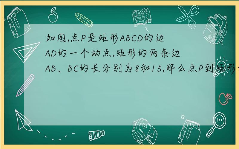 如图,点P是矩形ABCD的边AD的一个动点,矩形的两条边AB、BC的长分别为8和15,那么点P到矩形的两条对角线AC和BD的距离之和是