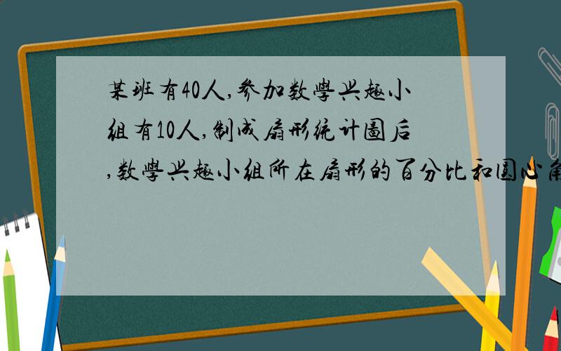 某班有40人,参加数学兴趣小组有10人,制成扇形统计图后,数学兴趣小组所在扇形的百分比和圆心角是?