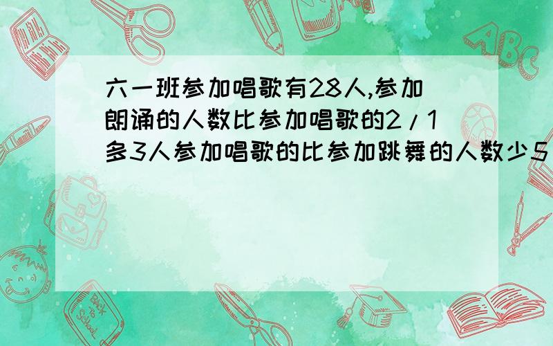 六一班参加唱歌有28人,参加朗诵的人数比参加唱歌的2/1多3人参加唱歌的比参加跳舞的人数少5/1,参加朗诵的有几人,参加唱歌的人数占跳舞的人数的百分之几