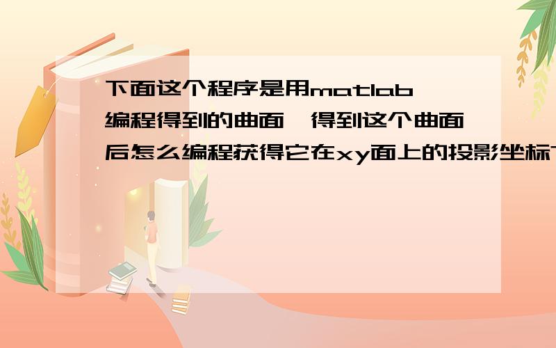 下面这个程序是用matlab编程得到的曲面,得到这个曲面后怎么编程获得它在xy面上的投影坐标?O(∩_∩)O谢谢clearss=0:0.1:2;[m,n]=size(ss);[xx,yy]=meshgrid(ss,ss);for i=1:m*nfor j=1:m*nx=xx(i,j);y=yy(i,j);if (x+y)