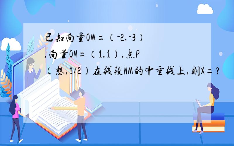 已知向量OM=（-2,-3）,向量ON=（1,1）,点P（想,1/2）在线段NM的中垂线上,则X=?