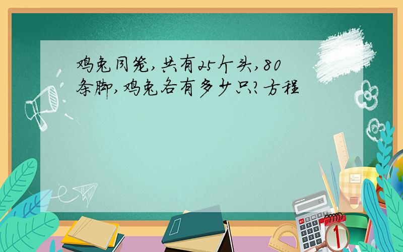 鸡兔同笼,共有25个头,80条脚,鸡兔各有多少只?方程