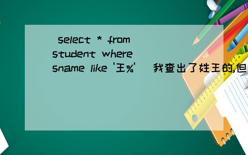 (select * from student where sname like '王%') 我查出了姓王的,但那非 字 不知道怎么表示了.题目是查表 student中不是姓王的信息