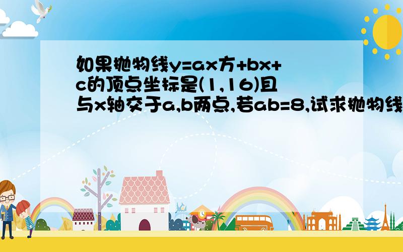 如果抛物线y=ax方+bx+c的顶点坐标是(1,16)且与x轴交于a,b两点,若ab=8,试求抛物线