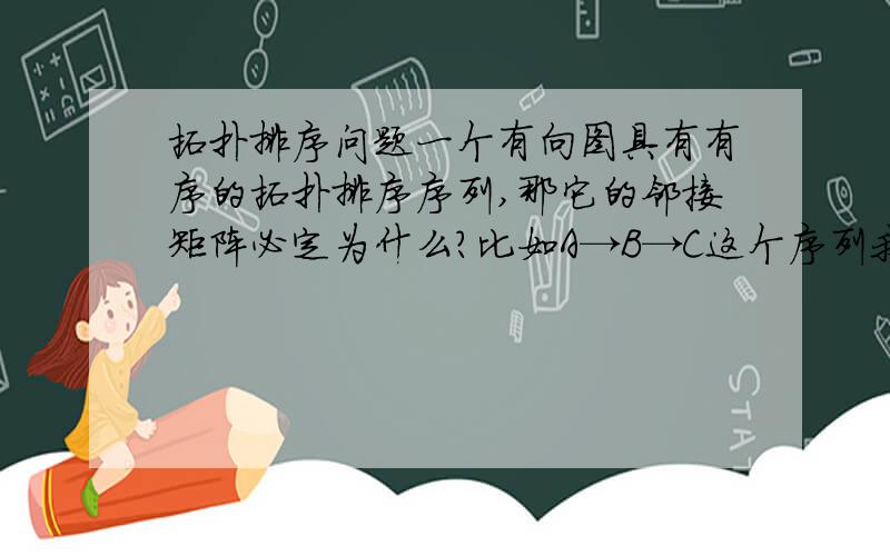 拓扑排序问题一个有向图具有有序的拓扑排序序列,那它的邻接矩阵必定为什么?比如A→B→C这个序列我画出来是0 1 00 0 10 0 0不是三角矩阵啊