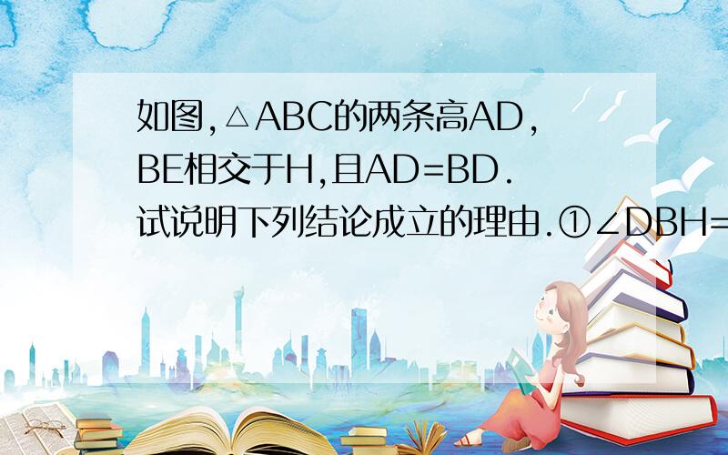 如图,△ABC的两条高AD,BE相交于H,且AD=BD.试说明下列结论成立的理由.①∠DBH=∠DAC②∠BDH=∠ADC