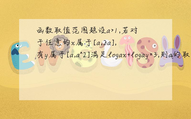 函数取值范围题设a>1,若对于任意的x属于[a,2a],有y属于[a,a^2]满足logax+logay=3,则a的取值范围是1.(a,2]2.a≥23.[2,3]4.{2,3]logax 意思是log以a为底 x为真数(a,2] a改成1