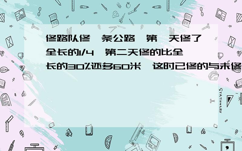 修路队修一条公路,第一天修了全长的1/4,第二天修的比全长的30%还多60米,这时已修的与未修的比是7：3,这条路全场是多少米?