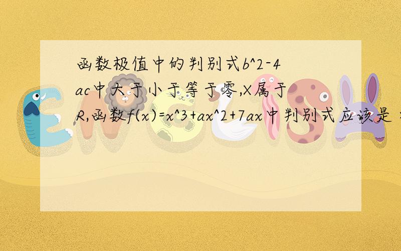 函数极值中的判别式b^2-4ac中大于小于等于零,X属于R,函数f(x)=x^3+ax^2+7ax中判别式应该是＞,＜,=0?已知二次函数f(x)=ax^2+bx+c的导数为f'(x).f'(x)>0,对任意实数x有f(x)≥0,则f(1)/f'(0)的最小值 由题意对任