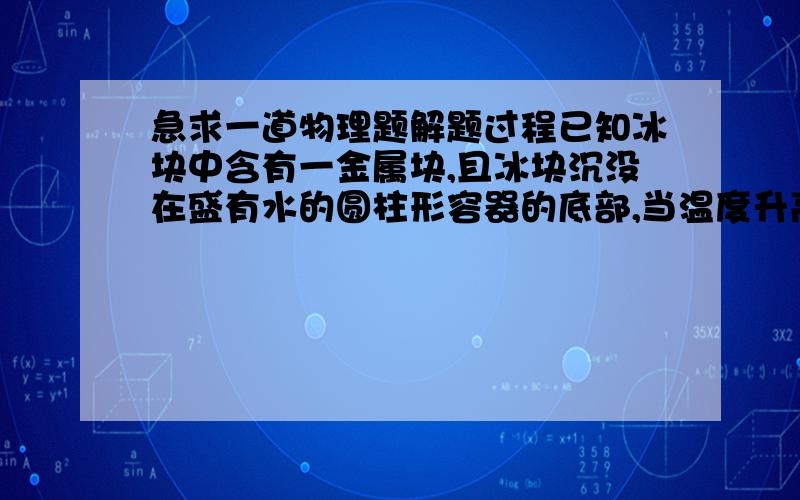 急求一道物理题解题过程已知冰块中含有一金属块,且冰块沉没在盛有水的圆柱形容器的底部,当温度升高,冰块全部熔化时,发现水面下降了1.2厘米,若容器的横截面积是20厘米2,问熔化前冰的质