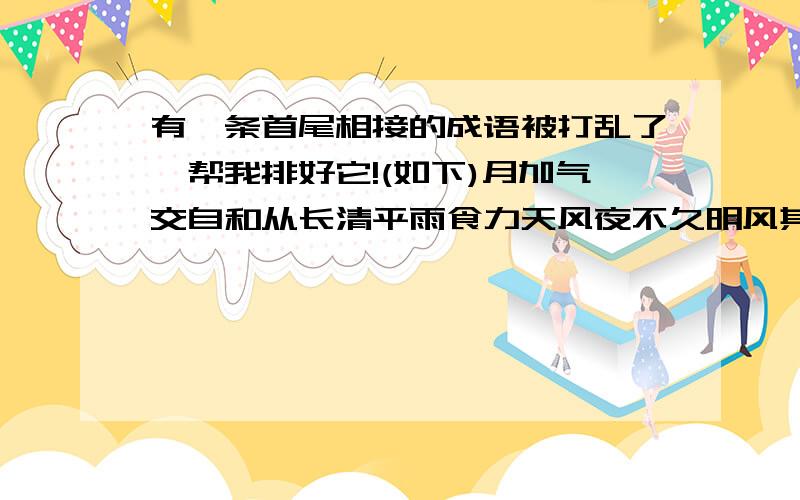 有一条首尾相接的成语被打乱了,帮我排好它!(如下)月加气交自和从长清平雨食力天风夜不久明风其丽心难日