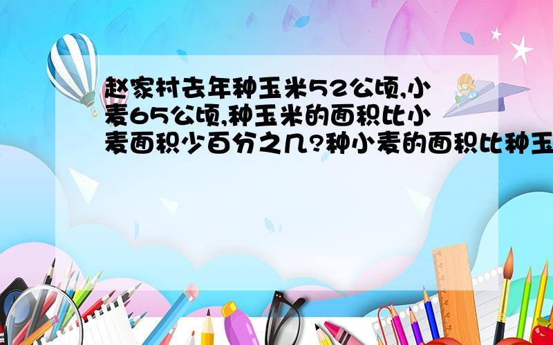 赵家村去年种玉米52公顷,小麦65公顷,种玉米的面积比小麦面积少百分之几?种小麦的面积比种玉米多百分之几?