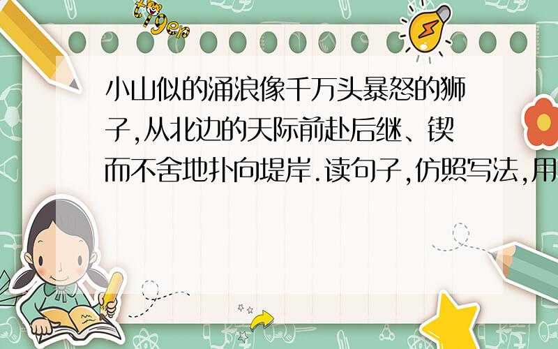 小山似的涌浪像千万头暴怒的狮子,从北边的天际前赴后继、锲而不舍地扑向堤岸.读句子,仿照写法,用带括号的词造句..像.