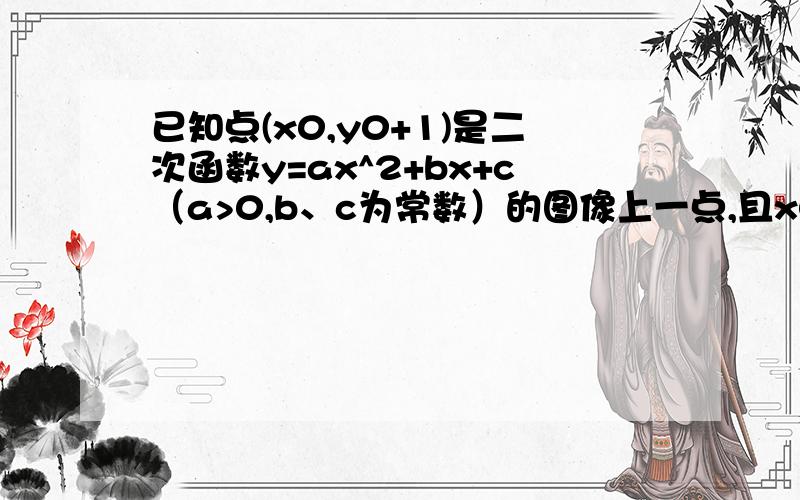 已知点(x0,y0+1)是二次函数y=ax^2+bx+c（a>0,b、c为常数）的图像上一点,且x0是关于x的方程2ax+b=0的解,则 为什么 对于任意实数x都有y>yo?