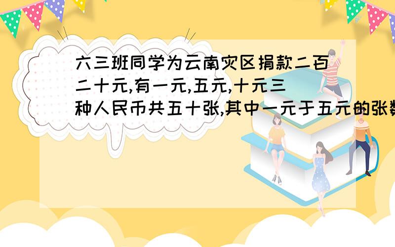 六三班同学为云南灾区捐款二百二十元,有一元,五元,十元三种人民币共五十张,其中一元于五元的张数一样多.那么一元,五元,十元各多少张?