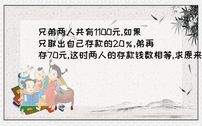 兄弟两人共有1100元,如果兄取出自己存款的20％,弟再存70元,这时两人的存款钱数相等,求原来两人各存多少元?