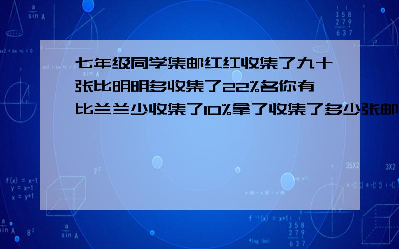 七年级同学集邮红红收集了九十张比明明多收集了22%名你有比兰兰少收集了10%拿了收集了多少张邮票?